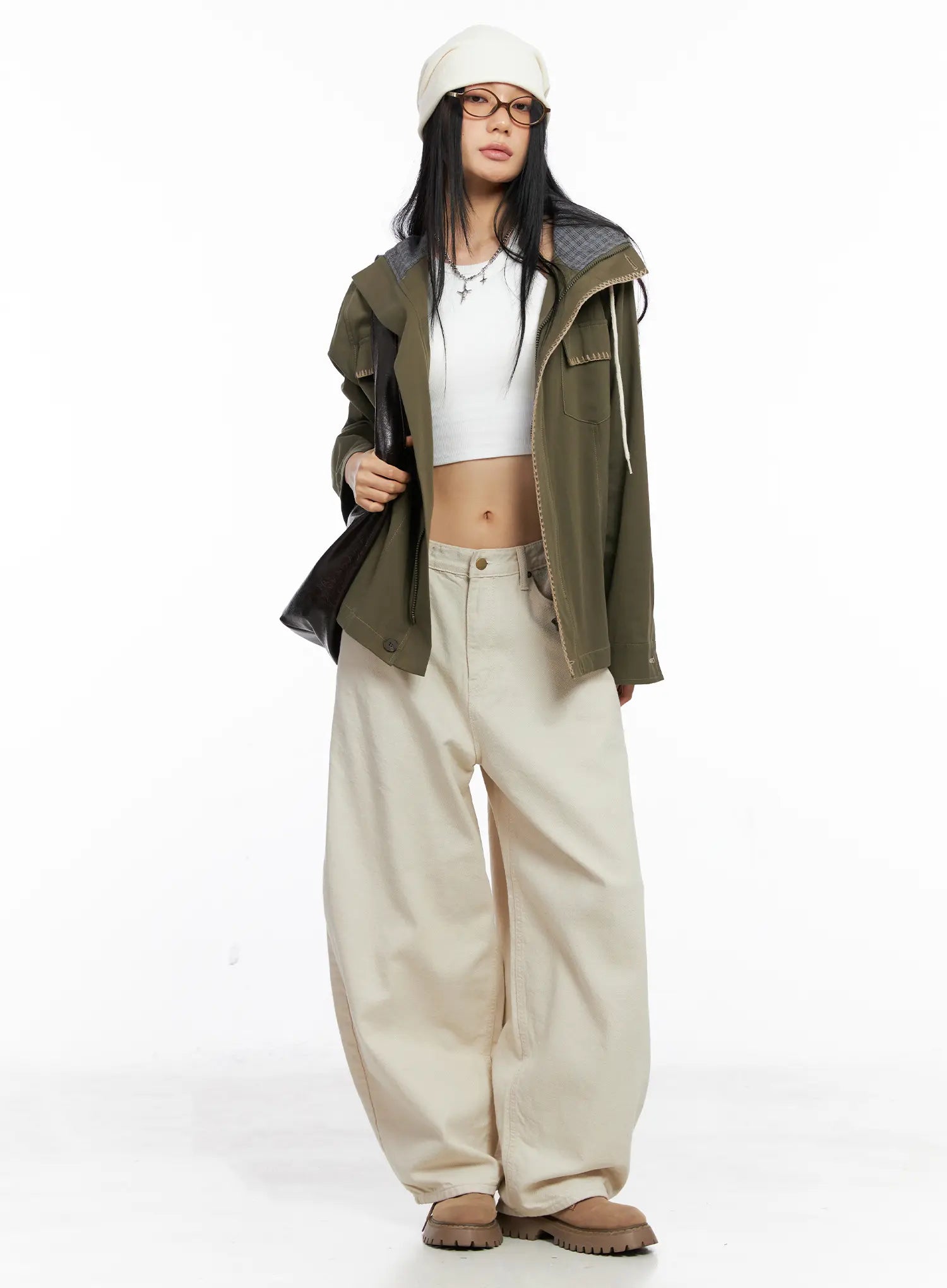 Angel Back Embroidered Wide Leg Beige Cotton Pants CS511