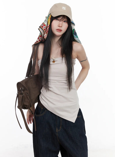 asymmetric-shirred-tube-top-cf523 / Light beige