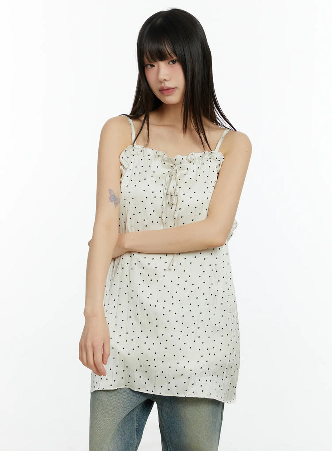 ruffle-trim-polka-dot-mini-dress-cf510 / Light beige