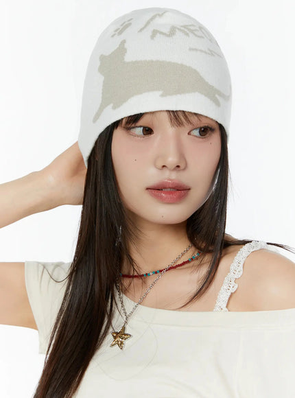 meow-print-two-way-beanie-iu518 / Light beige