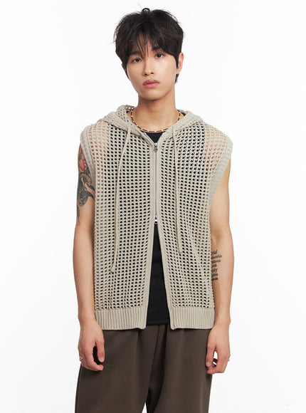 mens-mesh-zip-up-hooded-vest-iy508 / Light beige