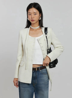 tweed-square-neck-jacket-scarf-set-ij508 / Light beige