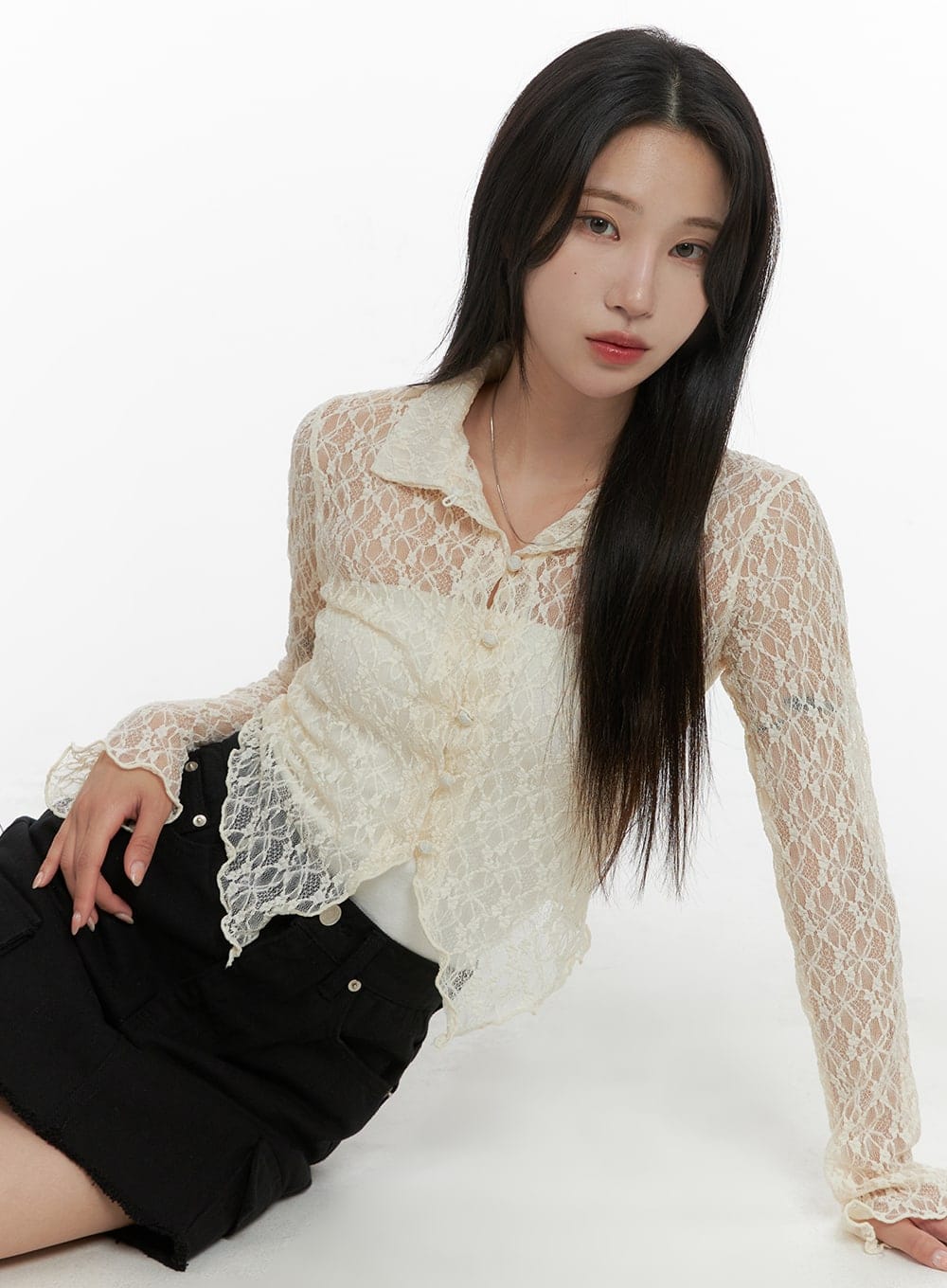 Lace Solid Ruffle Hem Long Sleeve Blouse Cm427 - Acubi Style 