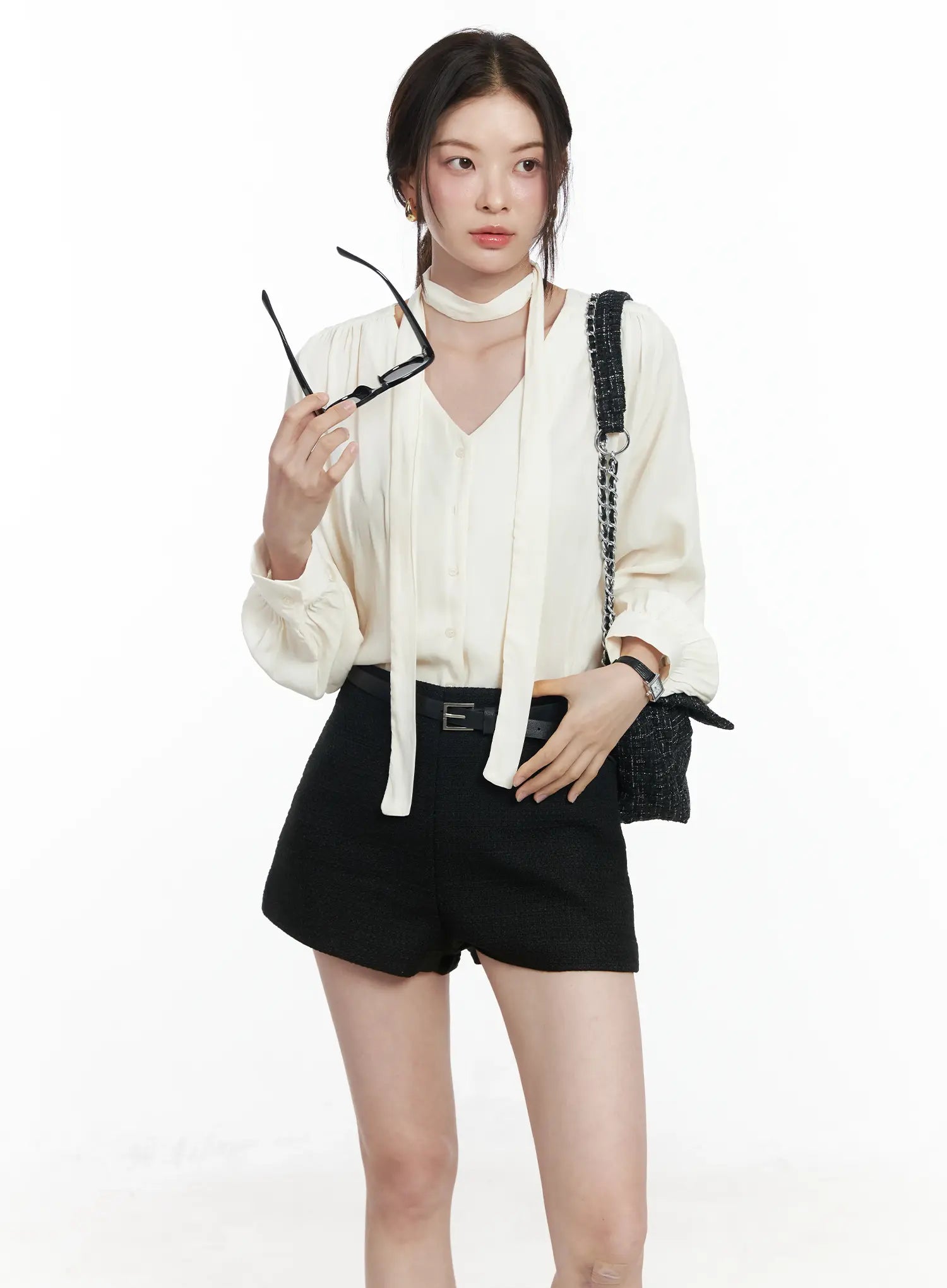 v-neck-shirred-blouse-and-scarf-set-if525 / Light beige