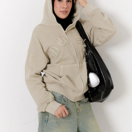 oversized-cotton-zip-up-hoodie-cs524 / Light beige