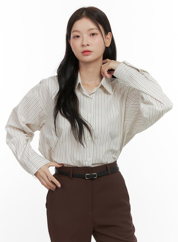 buttoned-cotton-striped-blouse-os423 / Light beige