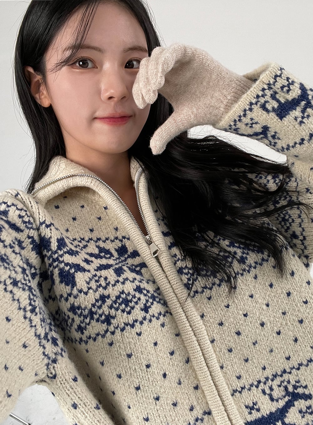 jacquard-zip-up-sweater-on327 / Light beige