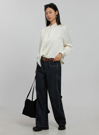 flowy-neck-tie-blouse-ij509 / Light beige