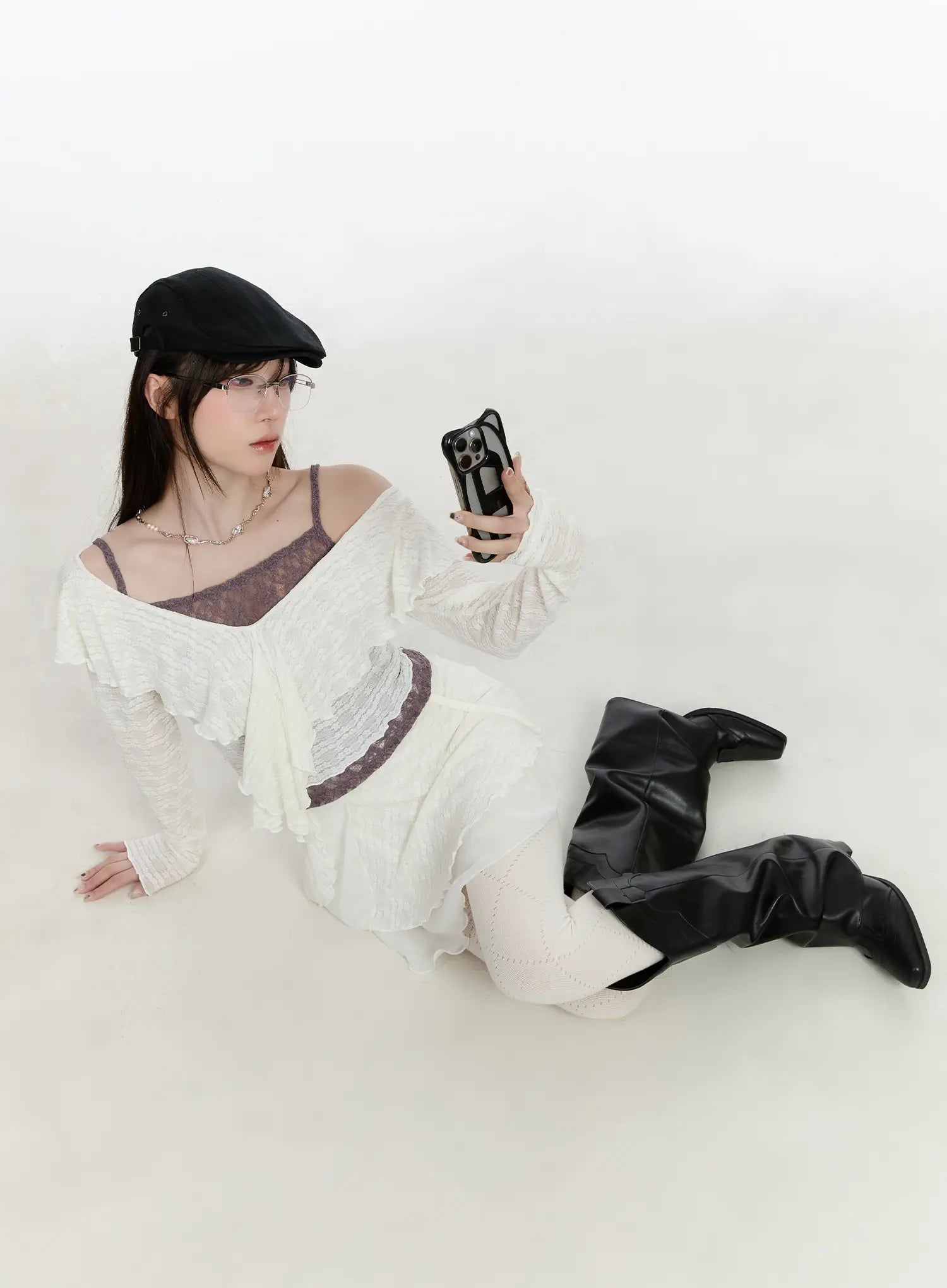 frilled-layered-off-shoulder-blouse-ca503 / Light beige