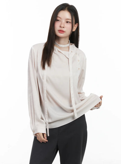 elegant-blouse-and-thin-scarf-set-cj506 / Light beige