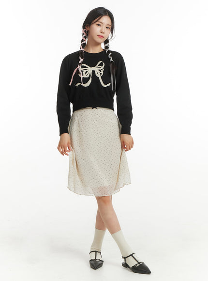 mid-rise-spot-ribbon-detail-midi-skirt-om406 / Light beige