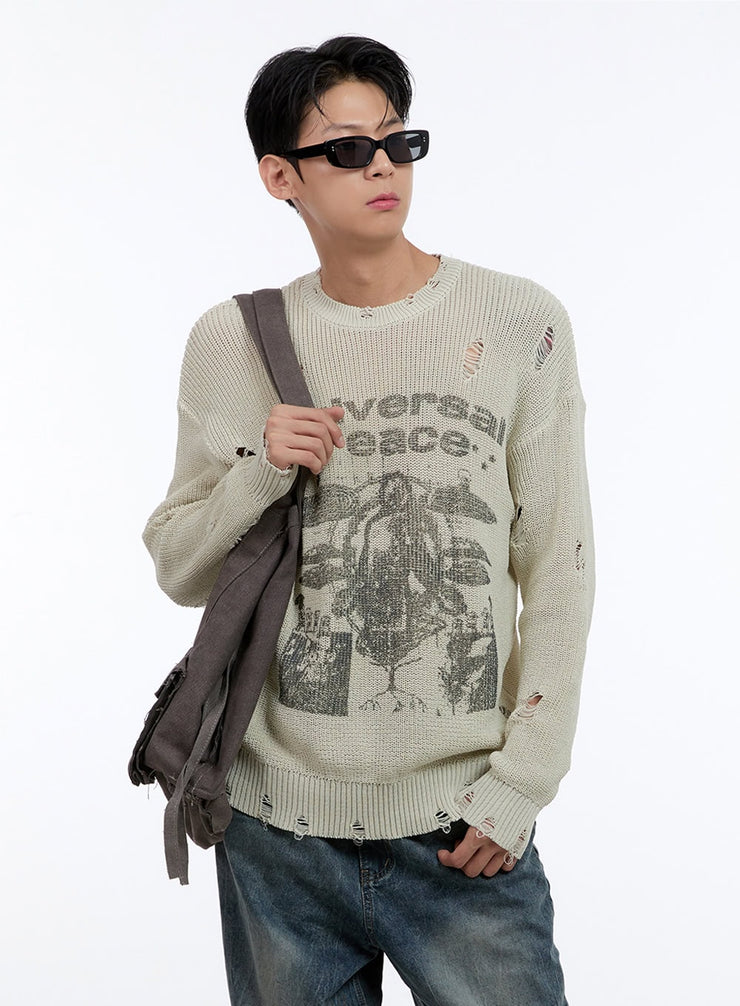 mens-destroyed-graphic-knit-ig428 / Light beige