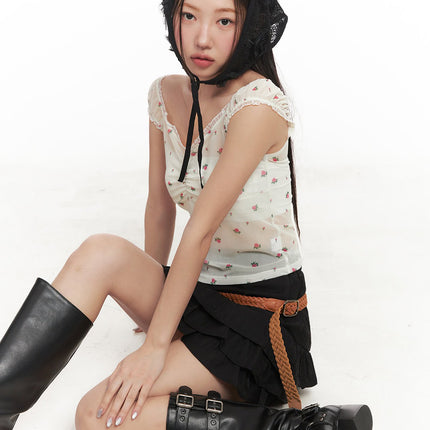 sheer-floral-lace-shirred-top-im525 / Light beige