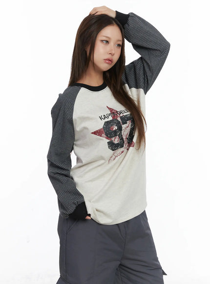 raglan-stripe-graphic-long-sleeve-cj512 / Light beige
