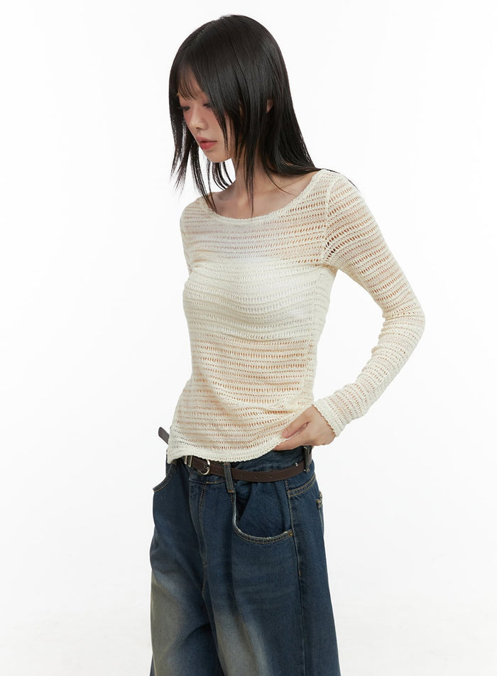 boat-neck-mesh-long-sleeve-tee-cg427 / Light beige