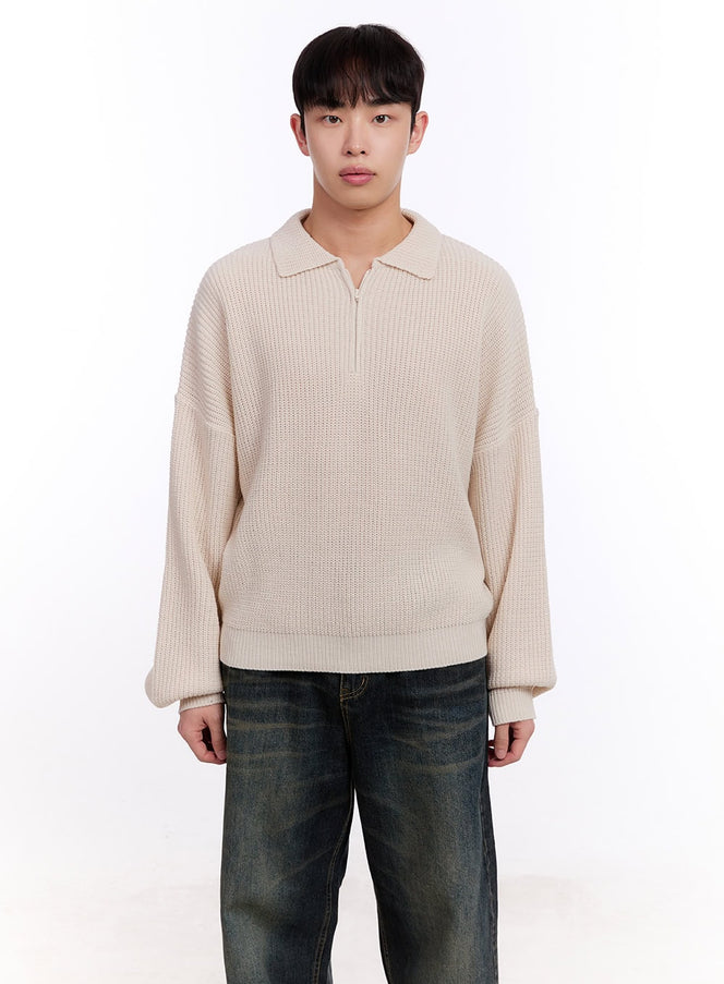 mens-ribbed-half-zip-sweater-im512 / Light beige