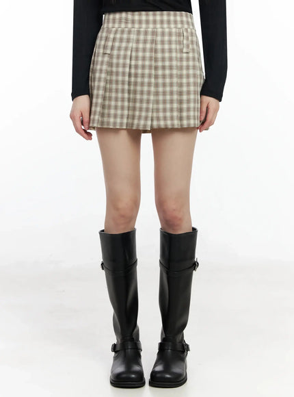 checkered-pleated-skirt-im530 / Light beige
