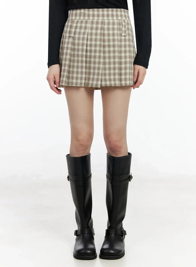 checkered-pleated-skirt-im530 / Light beige