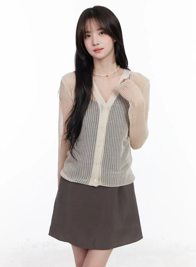 v-neck-mesh-cardigan-cm527 / Light beige