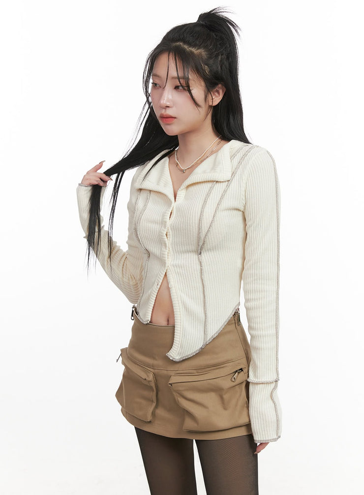 stitched-collared-crop-cardigan-cj516 / Light beige