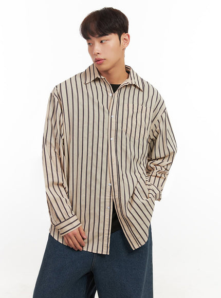 mens-oversized-stripe-collared-button-up-shirt-if521 / Light beige