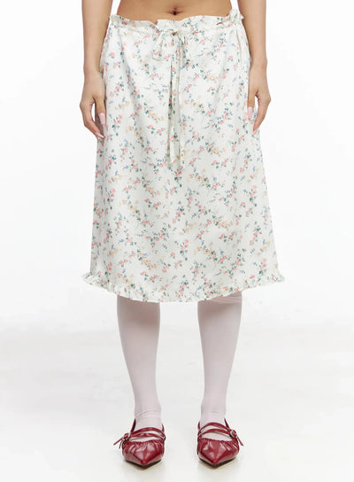 floral-satin-ruffle-hem-midi-skirt-ia527 / Light beige