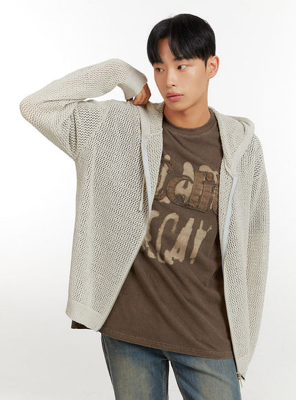 mens-mesh-zip-up-hoodie-iu426 / Light beige