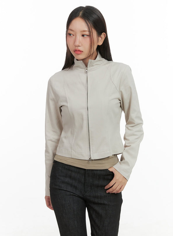 slim-fit-cotton-cropped-zip-up-jacket-co404 / Light beige