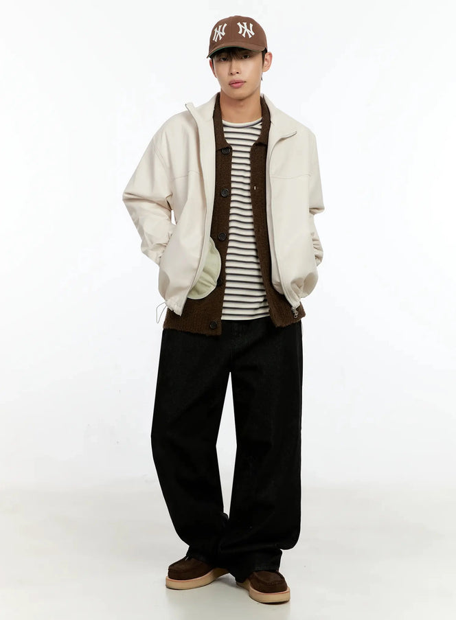 LEWKIN Men's Textured PU Jacket IN506 in light beige, full-length front on model wearing cap, open zip, layered over stripe tee and brown cardigan, black wide-leg trousers.