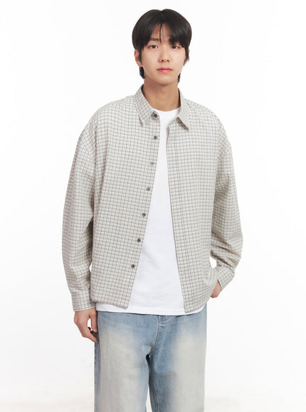 mens-loose-fit-checkered-collared-shirt-ia510 / Light beige