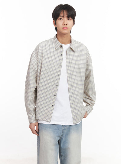 mens-loose-fit-checkered-collared-shirt-ia510 / Light beige