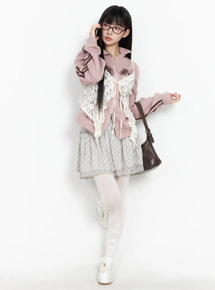 plaid-ruffle-mini-skirt-cf518 / Light beige