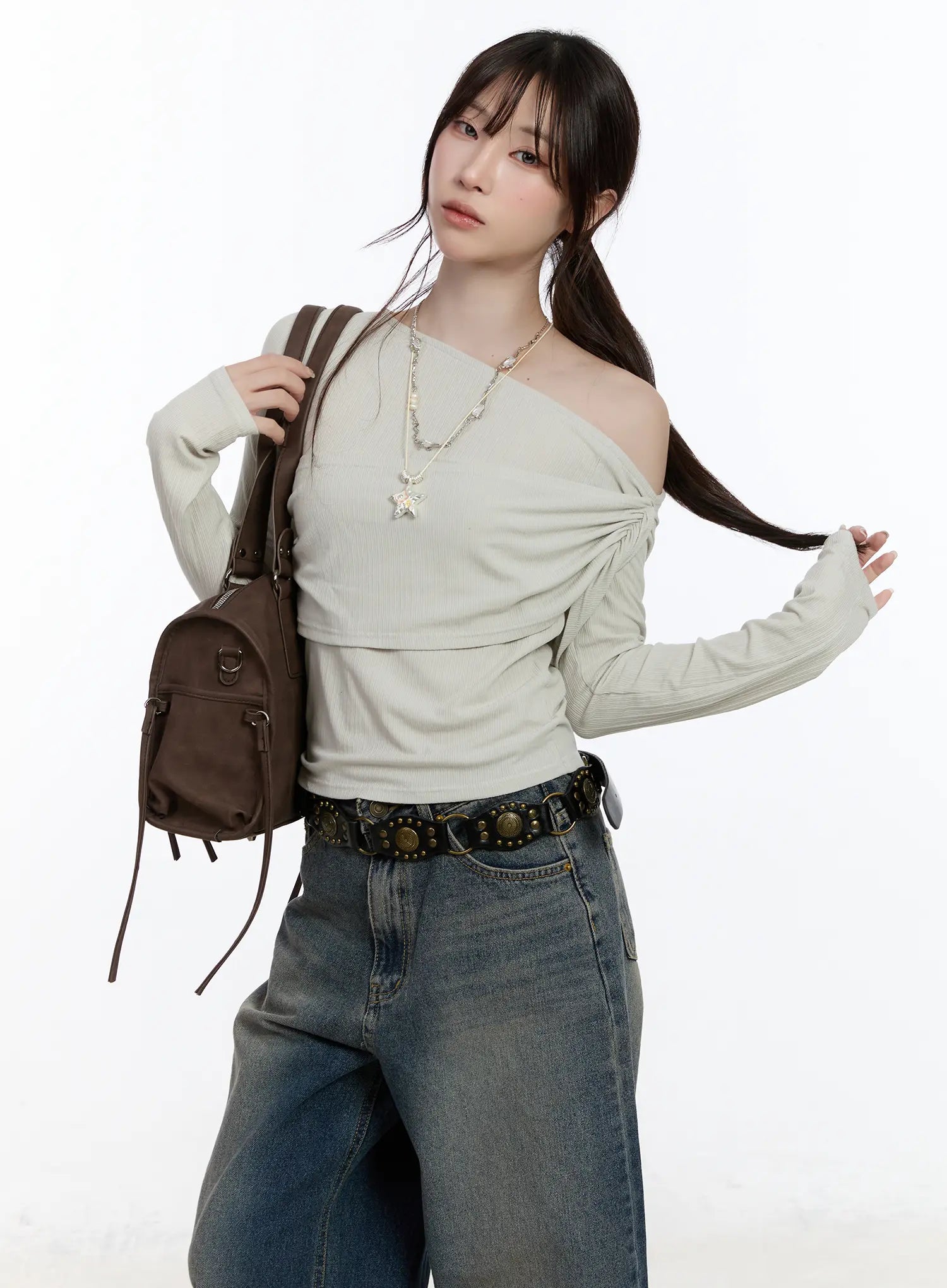 ribbed-one-shoulder-wrap-top-ca502 / Light beige