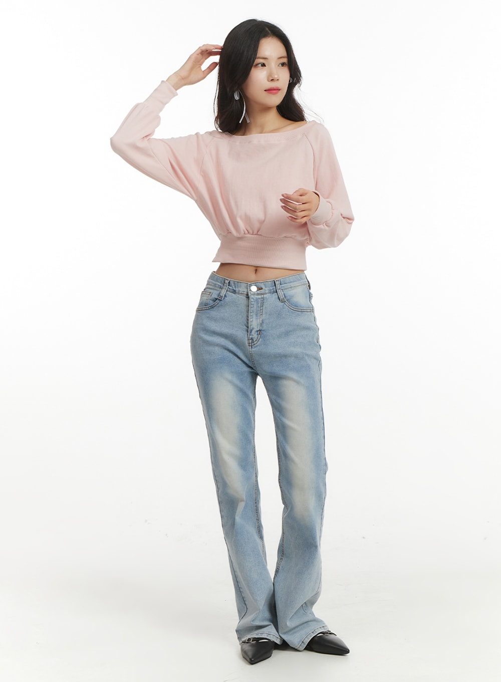 LEWKIN Light Washed Bootcut Jeans OF427 in light blue, full-body front on model, slim-fit high-waist denim with subtle fading, paired with pink crop knit top and black flats.