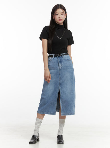 denim-slit-midi-skirt-oo416 / Light blue