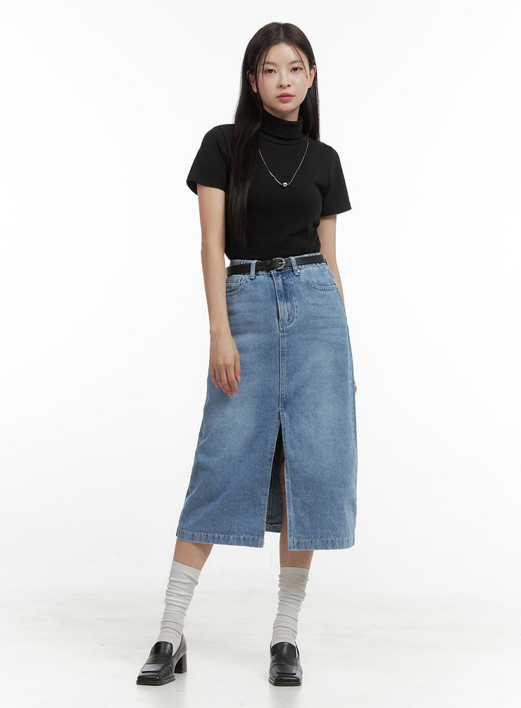 denim-slit-midi-skirt-oo416 / Light blue