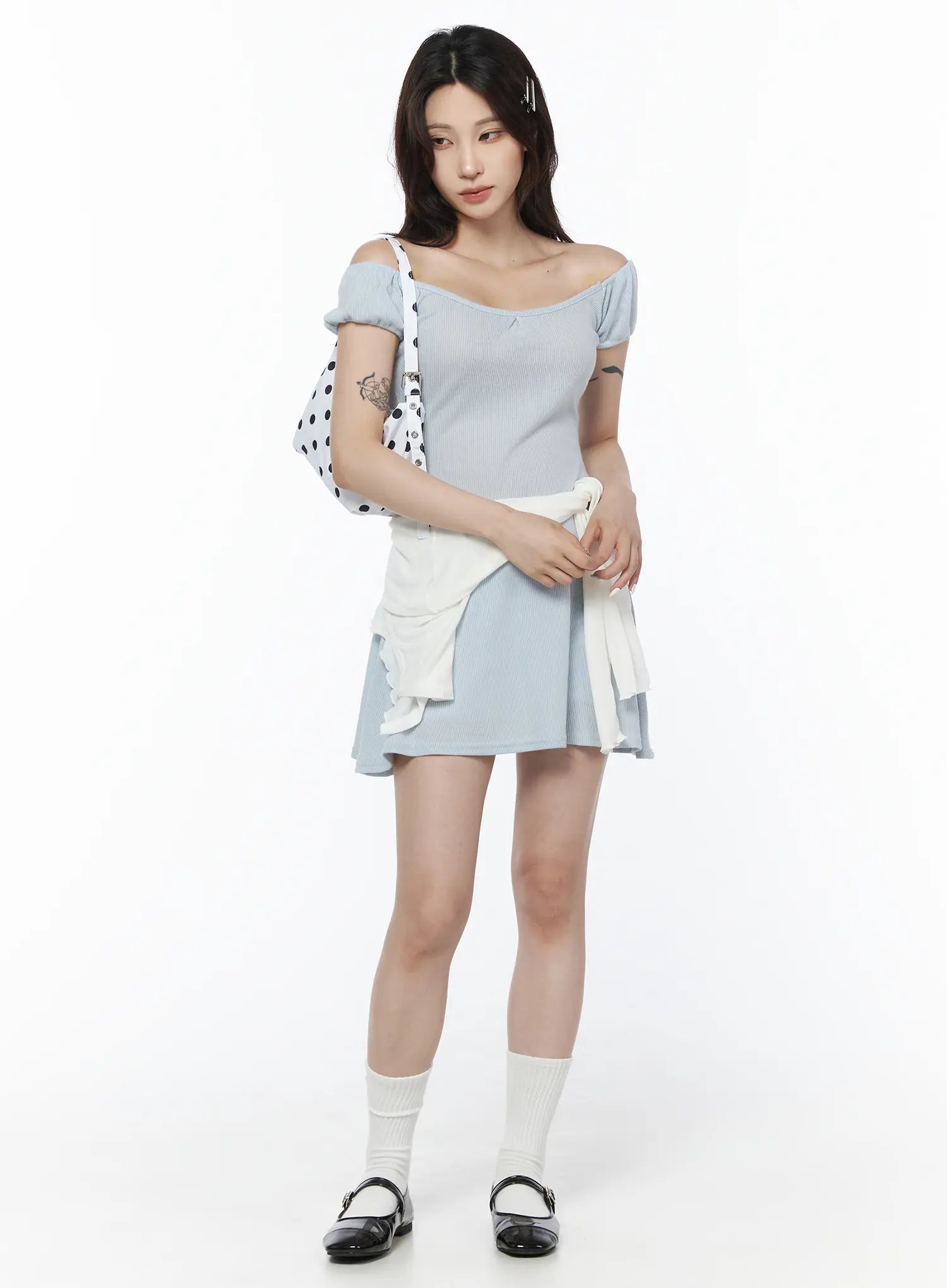off-shoulder-ballet-core-mini-dress-cu510 / Light blue