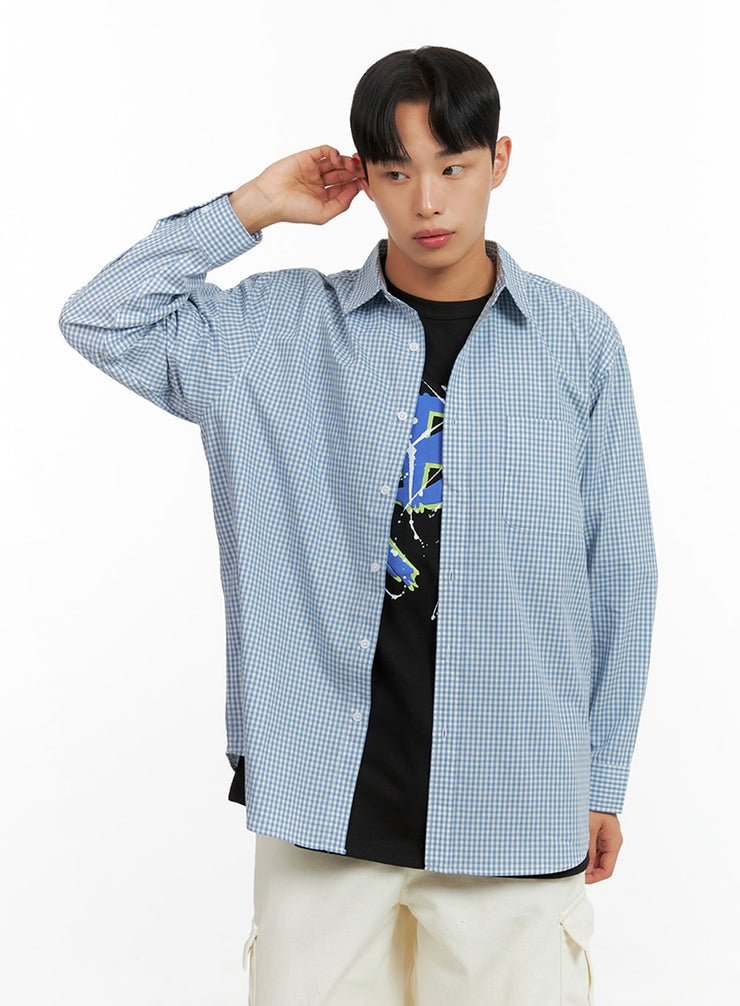 mens-gingham-cotton-collared-shirt-iu412 / Light blue