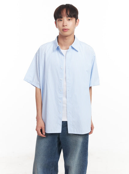 mens-short-sleeve-buttoned-striped-shirt-ia521 / Light blue