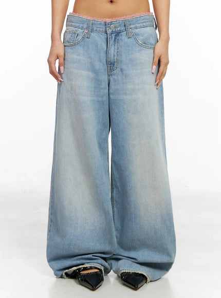 yoko-lace-layered-wide-leg-jeans-iy504 / Light blue