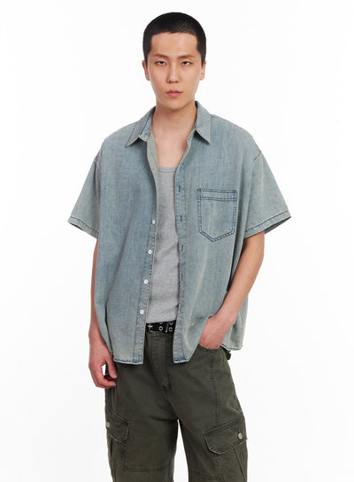mens-short-sleeve-denim-collar-shirt-iu512 / Light blue