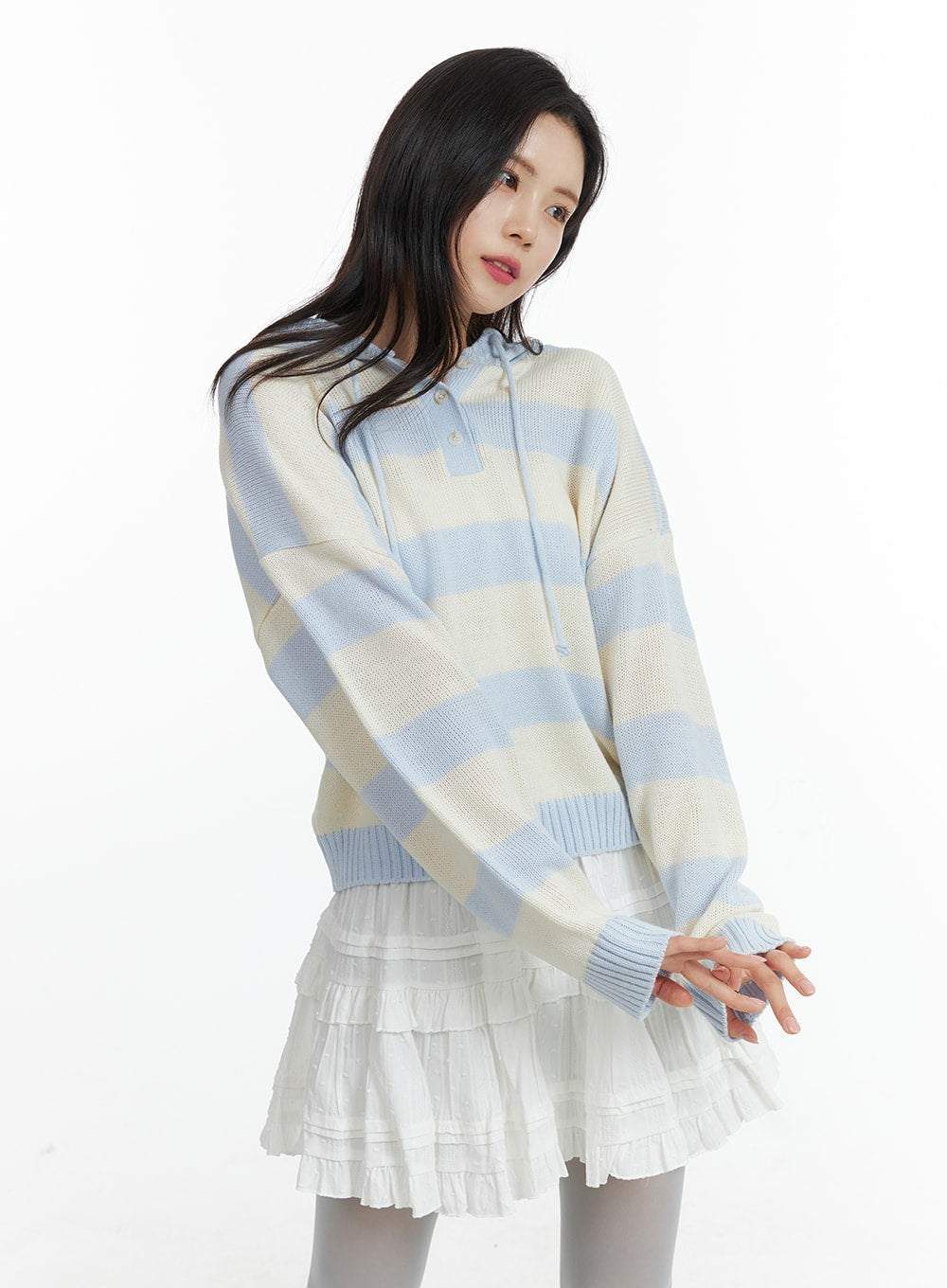 striped-hooded-knit-sweater-of408 / Light blue