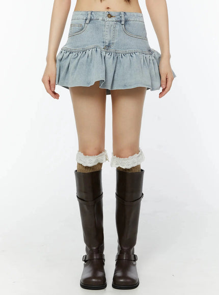 ruffle-hem-denim-mini-skirt-cu515 / Light blue