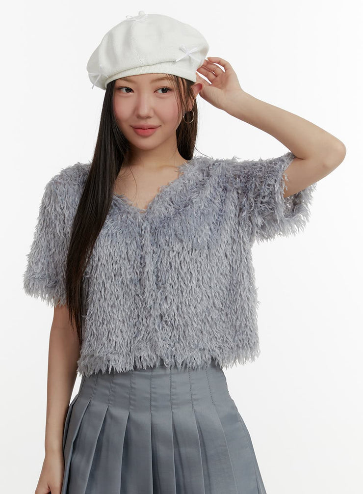 faux-fur-v-neck-cardigan-oy413 / Light blue