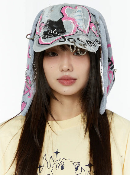 graphic-painted-ear-flap-hat-cu515 / Light blue