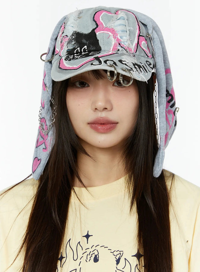 graphic-painted-ear-flap-hat-cu515 / Light blue