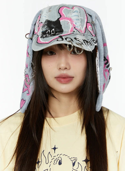 graphic-painted-ear-flap-hat-cu515 / Light blue