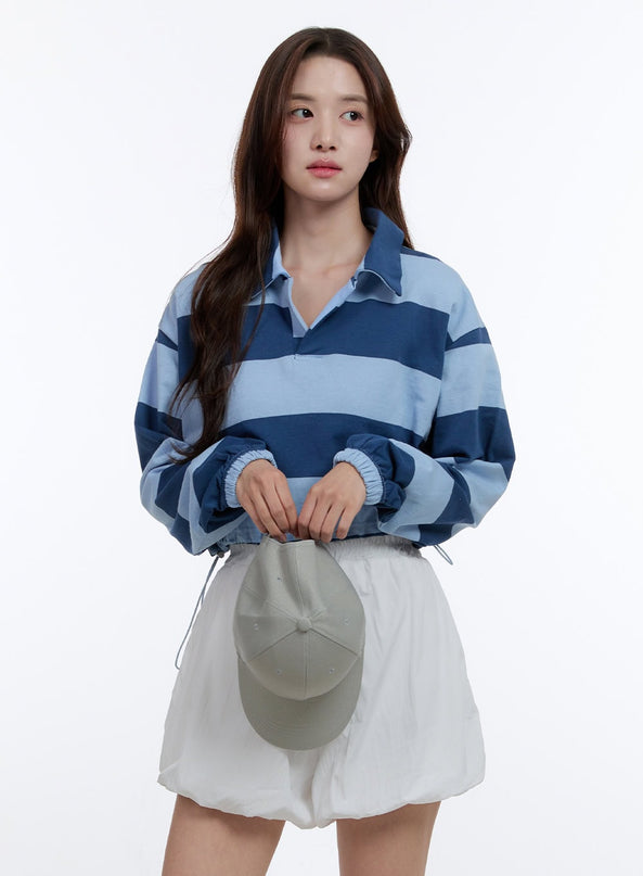 adjustable-crop-stripe-sweatshirt-oo407 / Light blue