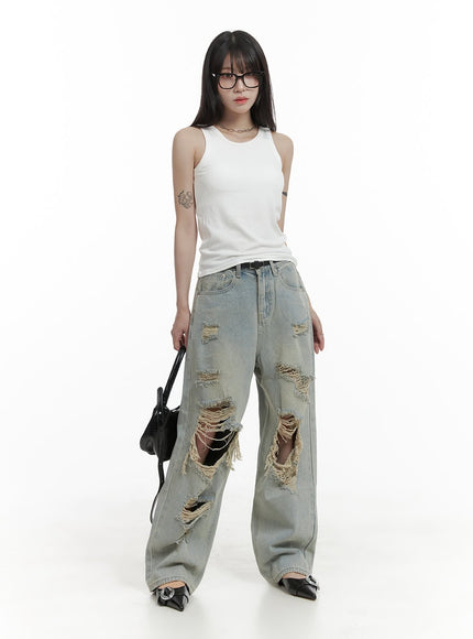 Lewkin Baggy Jeans Ripped Ripped Baggy Jeans CM317 Korean Women's