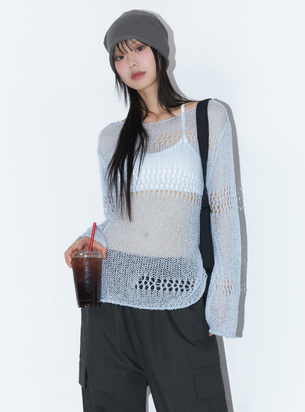 mesh-patterned-knit-top-ia521 / Light blue